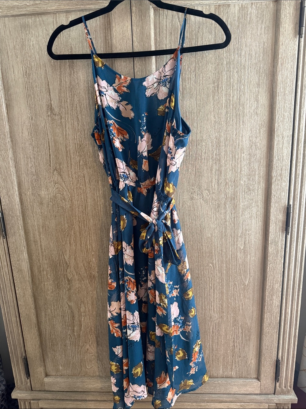 Blue Floral Midi Dress with Tie Waist